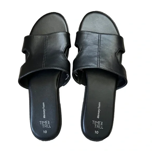 Time and Tru H Strap Flat Sandal Black Size 10 - Picture 2 of 4